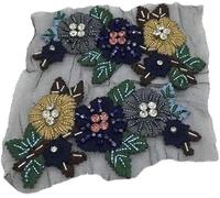 Clothes Appliques Sewing DIY, Embroidered Applique Sew On Patches with Hand Sewing Beads Crystal Rhinestones(Blue)