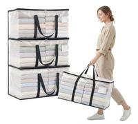 Clothes Bags Storage, 90L Clear Storage Bags with Zipper & Handle & Tag Pocket, Foldable Moving Bags for Wardrobe, Bedding, House Moving, Travelling (4 Pack, 70x36x35cm)