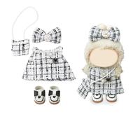 Clothes Compatible with LABUBU Doll - 4PCS Elegant Tweed Set, 17cm Doll Clothes Designer Outfit for Classic Monochrome Theme, Chic Stylish Accessories for Labubu, No Doll (Coco White Check)