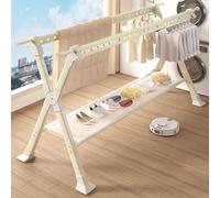 Clothes Drying Rack 2 Tiers, Heavy Duty Drying Rack Clothing Folding Indoor Outdoor, Stainless Steel Laundry Drying Rack, Foldable Garment RackCreamy White, 130-230cm with drying net