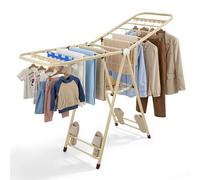 Clothes Drying Rack, Foldable 2-Level Laundry Cream Drying Rack, Free-Standing Laundry Airer, with Height-Adjustable Wings, 12 Drying Rails, Windproof strips, Sock Clips, Integrated hidden wheels