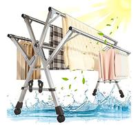 Clothes Drying Rack Foldable, Laundry Rack with Wheels, Retractable and Foldable Hanger Rack Heavy Duty Stainless Steel 5 Rod Big Space Garment Rack with Wheel, Windproof Hooks, Shoe Rack ( 240cm)