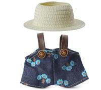 Clothes for 17cm Doll (NO Doll), Handcrafted Crochet 2-Piece Set for Doll, Denim Overalls + Hat, Cute Clothes for Dress up Unique Style