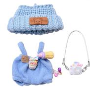 Clothes for 17cm Dolls, Handcrafted Crochet 3-Piece Set, Premium Outfit with Accessories Blue Sweater Overall, White Camera and Beanie, DDK-Blue
