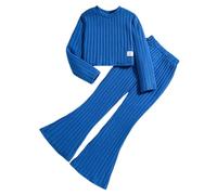 Clothes for Kids Girls 9-10 11-12 8-9 Years Old Prerry Solid Color Ribbed Long Sleeve Pjs Pullover Jumpers Knitted Crop Tops with Elastic High Waist Flared Leggings Pants Set 2Pcs Little Girl Clothing