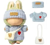 Clothes for Labubu 17cm Doll Handmade Crochet 3-Piece Set (Heart Sweater + Hat + Bag) - Cute Outfits for Dressing Up, Unique Style - Doll Not Included (Style 2)