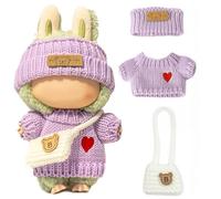 Clothes for LABUBU Doll (NO Doll), Handcrafted Crochet 3-Piece Accessories for LABUBU 17cm Dolls, Premium Outfit - Heart Sweater + Hat + Bag, Cute Clothes for Dress up Unique Style (Purple)