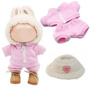 Clothes for LABUBU Outfits, Sport Clothes Set for labubu Dolls, Cute Doll Clothes Suitable for labubu Dolls Accessories + White Plush Hat + Pink Coat + Pink Trousers (NO Doll NO Shoes)
