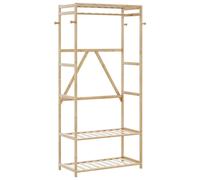 Clothes Rack Bamboo 80 cm x40cm Natural Wood 3 Shelves 4 Hooks Varnished 2Wheels