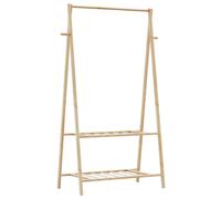 Clothes Rack Bamboo 96cm Natural Foldable With 2 Shelves & Wheels With Hooks