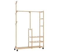Clothes Rack Bamboo Varnished 100x38x175.5cm 3-Shelf Wheels Hooks Natural Mobile