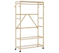 Clothes Rack Bamboo Varnished 110cm Hanger with Shelves Wheels Hooks 90x40x180cm