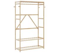 Clothes Rack Bamboo Varnished Natural 110cm Hanger with Shelves & Wheels 3-Tier
