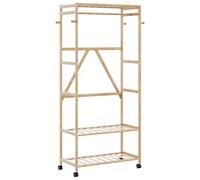 Clothes Rack Varnished Bamboo 90x40x179.5cm Natural Wood Shelves & Wheels Hooks