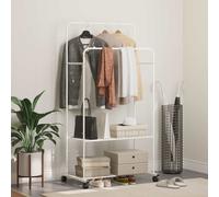 Clothes Rack White 80x53x156cm Steel Frame Wheels 2 Shelves Portable Minimalist