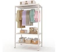 Clothes Rack with Wheels Heavy-Duty, 3-Tier Rolling Garment Rack with Adjustable Shelves & Side Hooks, Freestanding Wardrobe Metal Clothing Rack for Bedroom Cloakroom, 70.2"h x 45.4"w x 17.8"d