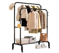 Clothes Rail, Double Rods Clothes Rail with Anti-Slip Stoppers, Rustproof Clothes Rack with Shoes Shelf & Hooks, Heavy-Duty Clothing Rail for Laundry Entryway Bedroom Shop 110 x 52 x 155 cm (Black)