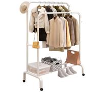 Clothes Rail, Double Rods Clothes Rail with Anti-Slip Stoppers, Rustproof Clothes Rack with Shoes Shelf & Hooks, Heavy-Duty Clothing Rail for Laundry Entryway Bedroom Shop 110 x 52 x 155 cm (White)