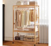 Clothes Rail, Open Wardrobe with 3 Shelves and a Hanging Rail, Rolling Portable Wardrobe, Made of Bamboo, Clothing Rail Clothes Rails for Bedroom