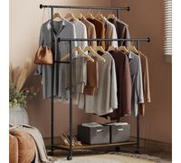 Clothes Rail, Portable Clothes Rack, Double Clothes Hanging Rail, With Storage Shelf, Rustic Brown And Ink Black