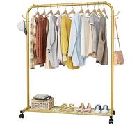 Clothes Rail, Portable Clothes Rack with Hook and Metal Storage Shelf, Heavy Duty Clothes Rail on Wheels, Clothing Rail Clothes Rails for Bedroom, Hanging Rails for Clothes, Holds up to 40 kg, Golden