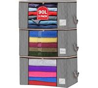 Clothes Storage Bags with Zips 90L Large Capacity Foldable Breathable Storage Boxes with Thick Reinforced Handles Transparent Window Storage Bags for Toys, Clothing, Bedding, Blankets (Grey, 3 pack)