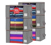 Clothes Storage Bags with Zips 90L Large Capacity Foldable Breathable Storage Boxes with Thick Reinforced Handles Transparent Window Storage Bags for Toys, Clothing, Bedding, Blankets (Grey, 6 pack)