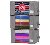 Clothes Storage Bags with Zips 90L Pack of 3 Large Capacity Foldable Breathable Storage Boxes with Thick Reinforced Handles Transparent Window Grey Storage Bags for Toys, Clothing, Bedding, Blankets