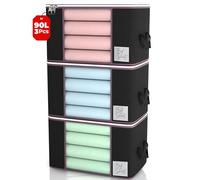 Clothes Storage Bags with Zips 90L Pack of 3 Large Capacity Foldable Breathable Storage Boxes with Thick Reinforced Handles Transparent Window Black Storage Bags for Toys, Clothing, Bedding, Blankets