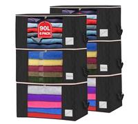 Clothes Storage Bags with Zips 90L Pack of 6 Large Capacity Foldable Breathable Storage Boxes with Thick Reinforced Handles Transparent Window Black Storage Bags for Toys, Clothing, Bedding, Blankets