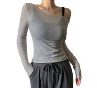 Clothes Women's Transparent Mesh Off The Shoulder Tops Long Sleeve Transparent Shirts Going Out Party Club Outfits Chinese Blouse Women, gray, S