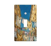 Clothesline Bathroom Single Light Switch Cover Plate, Mediterranean Rustic Buildings Sky Summer Blue Plastic Standard Size Wall Switch Plates Accents for Living Room Bedroom Home Office Decor (Single)