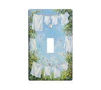 Clothesline Bathroom Single Light Switch Cover Plate, Spring Nature Butterflies Flowers Spring Blue Plastic Standard Size Toggle Light Switch Cover for Home Living Room Bedroom Decor (Single)