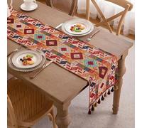 Clothfuna Autumn Jacquard Table Runner, Vintage Boho Table Runner, Orange Diamond Cotton Blend with Tassels for Dining Table Sideboard Party Holiday Outdoor, 33x180 cm/ 13x72 inch