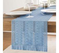 Clothfuna Blue Dining Table Runner, Boho Linen Table Runner Rustic for Coffee Table Spring Sideboard Dressing Table Decor, 30x220 cm/ 12x87 inch