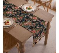 Clothfuna Bohemia Jacquard Table Runner, Spring Flower Dining Table Runner with Tassels for Coffee Table Party Holiday Outdoor (Black and Pink, 33x400 cm/ 13x157 inch)
