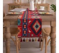 Clothfuna Bohemia Jacquard Table Runner, Vintage Boho Table Runner, Red and Blue Cotton Blend with Tassels for Dining Table Party Holiday Outdoor, 33x300 cm/ 13x118 inch
