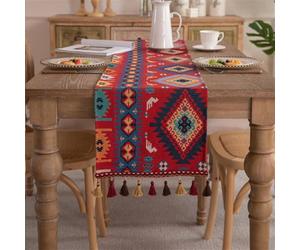 Clothfuna Bohemia Jacquard Table Runner, Vintage Boho Table Runner, Red Autumn Cotton Blend with Tassels for Dining Table Party Holiday Outdoor, 33x240 cm/ 13x94 inch