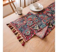 Clothfuna Bohemia Table Runner, Ethnic Boho Red Table Runner, Geometric Jacquard Fabric Table Runner for Kitchen Dining Table (33x180 cm/ 13x72 inch)