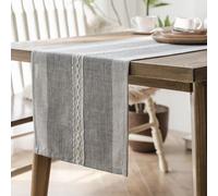 Clothfuna Boho Embroidery Dining Table Runner, Grey Cotton Linen Stripe Table Runner 140cm for Party Sideboard Dresser Coffee Table Decor, 33x240 cm/ 13x94 inch