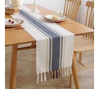 Clothfuna Boho Linen Stripe Dining Table Runner 160cm, Cream Tassel Coffee Table Runner for Kitchen Sideboard Cover Dresser Furniture Cover, Blue Stripe, 33x160 cm/ 13x63 inch