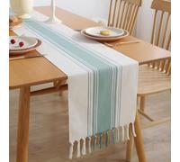Clothfuna Boho Linen Stripe Dining Table Runner 160cm, Cream Tassel Coffee Table Runner for Kitchen Sideboard Cover Dresser Furniture Cover, Green Stripe, 33x160 cm/ 13x63 inch