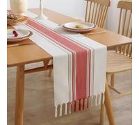 Clothfuna Boho Linen Stripe Dining Table Runner 305cm, Cream Tassel Coffee Table Runner for Kitchen Sideboard Cover Dresser Furniture Cover, Red Stripe, 33x305 cm/ 13x120 inch