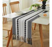 Clothfuna Boho Linen Table Runner for Dining Table, Black Coffee Table Runner 3D Embroidery Striped Pattern for Spring Summer Sideboard Cover Home Decor, 35x150 cm/ 14x59 inch