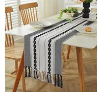 Clothfuna Boho Linen Table Runner for Dining Table, Black Coffee Table Runner 3D Embroidery Striped Pattern for Spring Summer Sideboard Cover Home Decor, 35x270 cm/ 14x106 inch