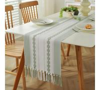 Clothfuna Boho Linen Table Runner for Dining Table, Green Coffee Table Runner 3D Embroidery Striped Pattern for Spring Summer Sideboard Cover Home Decor, 35x180 cm/ 14x72 inch
