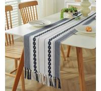 Clothfuna Boho Linen Table Runner for Dining Table, Navy Coffee Table Runner 3D Embroidery Striped Pattern for Spring Summer Sideboard Cover Home Decor, 35x270 cm/ 14x106 inch