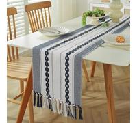 Clothfuna Boho Linen Table Runner for Dining Table, Navy Coffee Table Runner 3D Embroidery Striped Pattern for Spring Summer Sideboard Cover Home Decor, 35x150 cm/ 14x59 inch