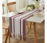 Clothfuna Boho Linen Table Runner for Dining Table, Red Coffee Table Runner 3D Embroidery Striped Pattern for Spring Summer Sideboard Cover Home Decor, 35x240 cm/ 14x94 inch