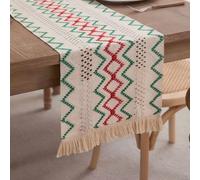 Clothfuna Boho Linen Table Runner, Long Coffee Table Runner for Dining Table, Cream Sideboard Cover, Red and Green Wave Stripe Pattern with Macrame for Spring Party Wedding, 30x180 cm/ 12x72 inch